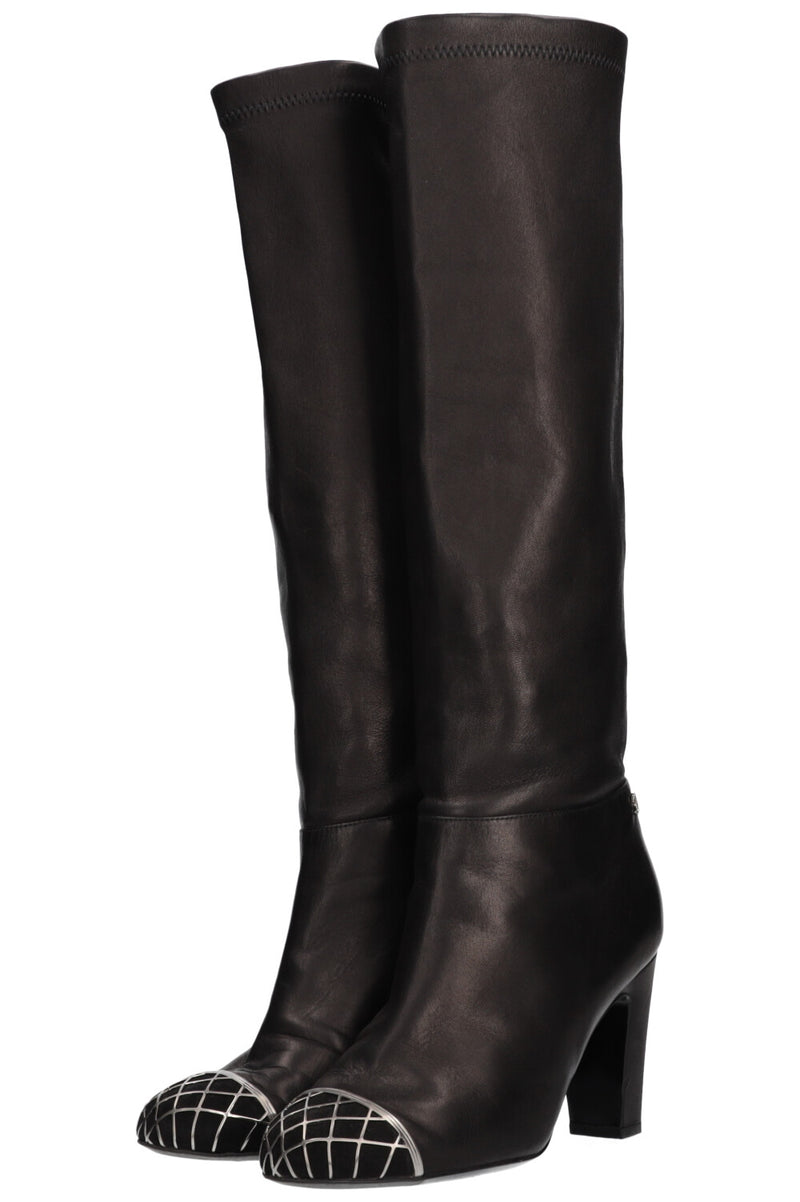 CHANEL Metal Cap Toe Boots Leather Black