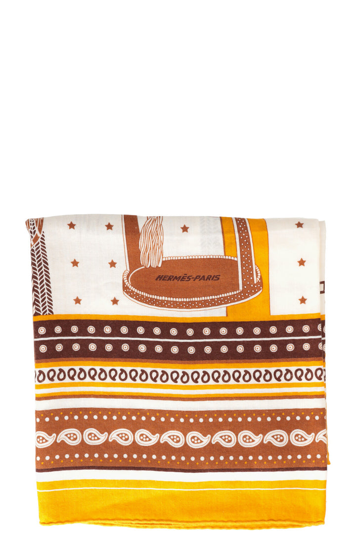 HERMÈS Selle de Dignitaire 140 Écharpe Cachemire Jaune Marron Ivoire