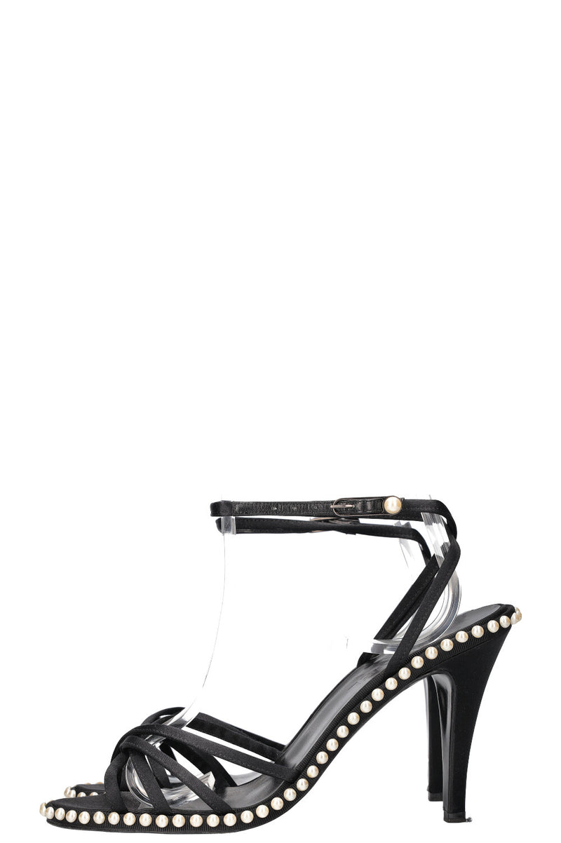 CHANEL Heels Satin Pearls Black