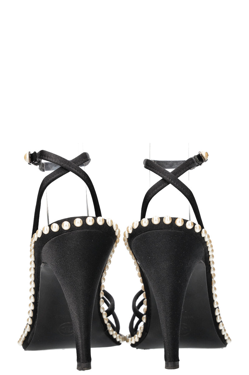 CHANEL Heels Satin Pearls Black