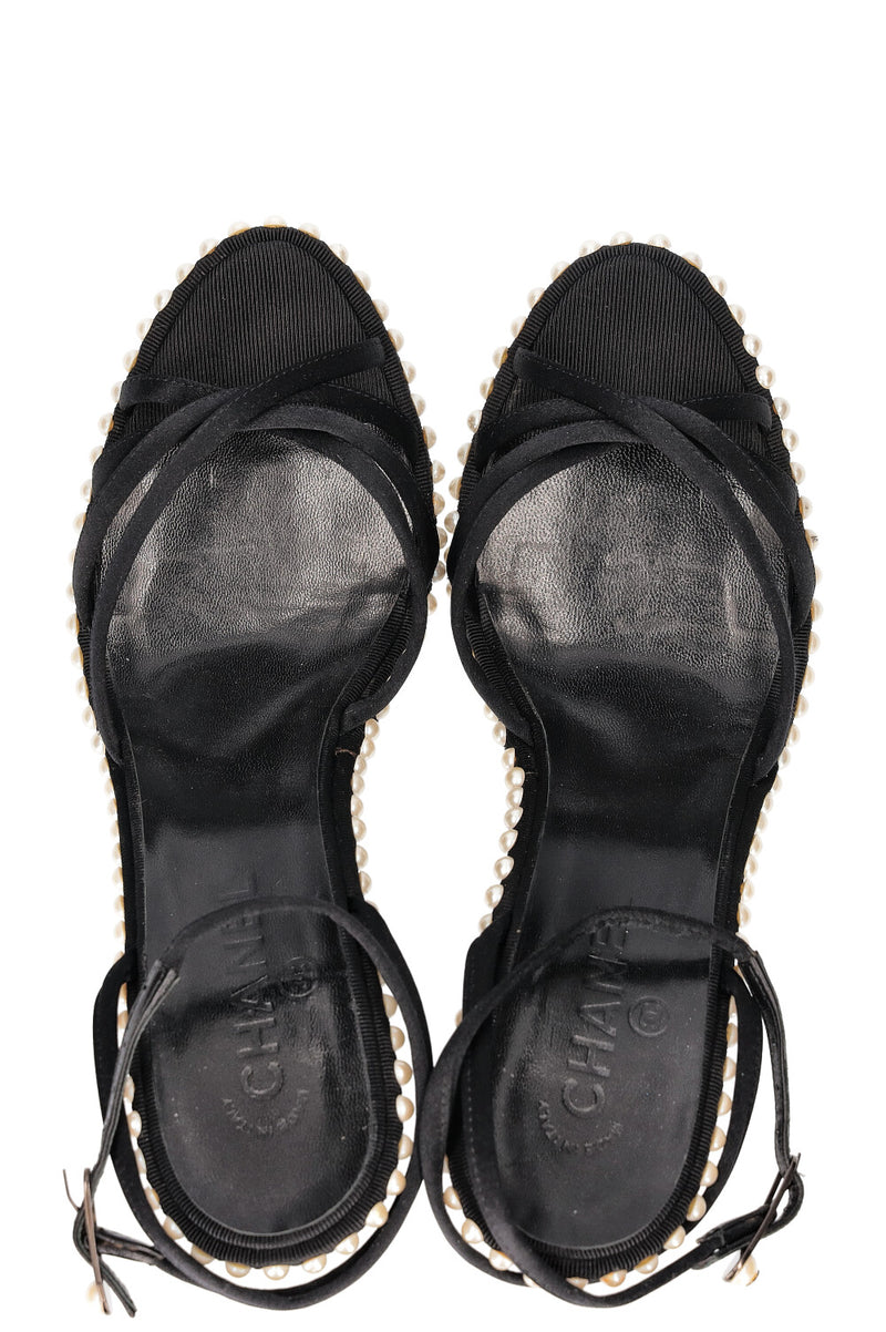CHANEL Heels Satin Pearls Black