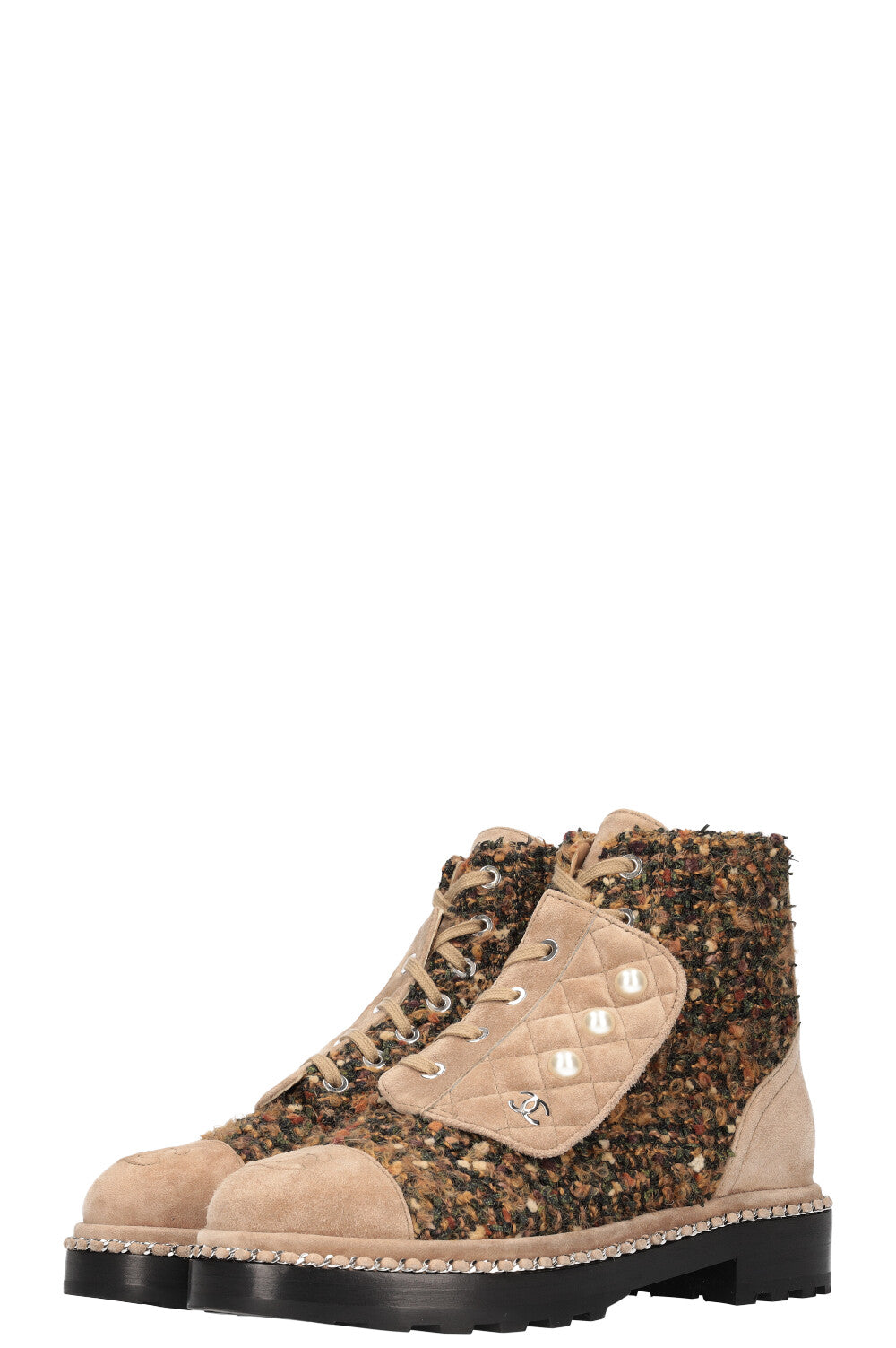 CHANEL Combat Boots Tweed  with Beige Suede