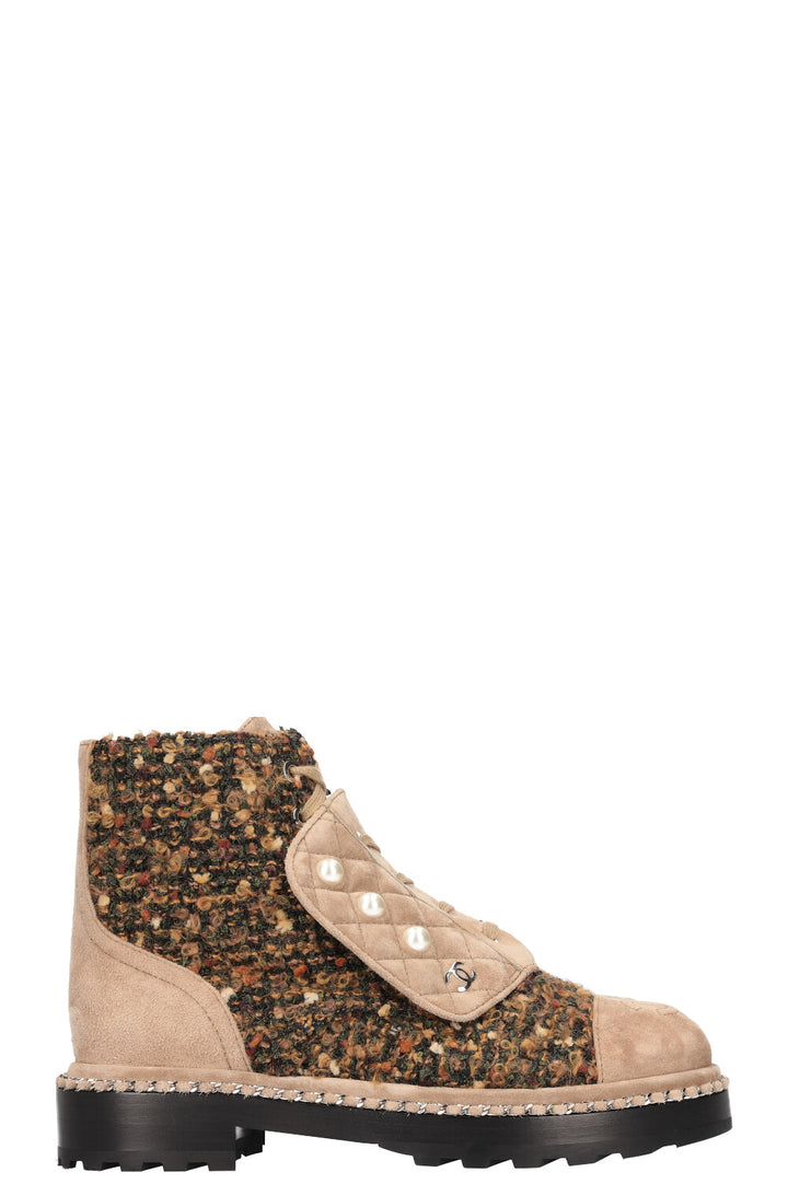 CHANEL Combat Boots Tweed  with Beige Suede