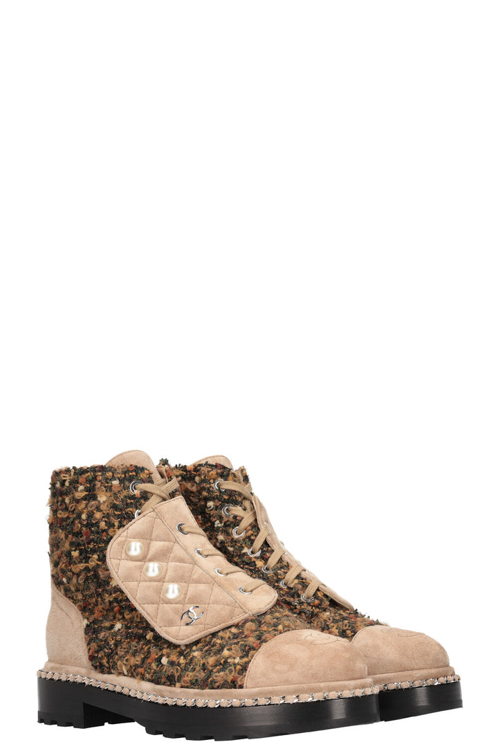 CHANEL Combat Boots Tweed  with Beige Suede