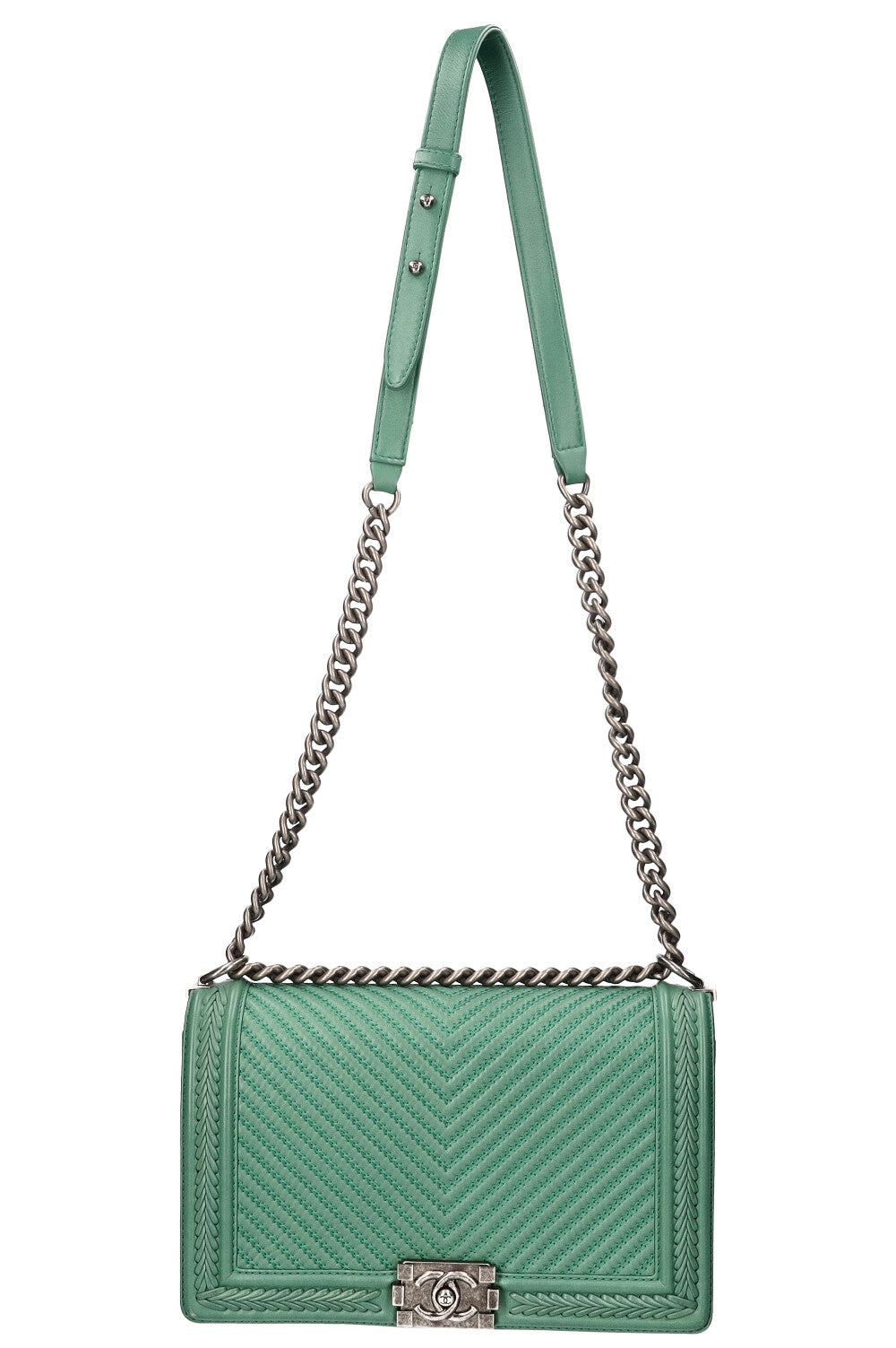 CHANEL Large Boy Bag Chevron Whipstitch Mint