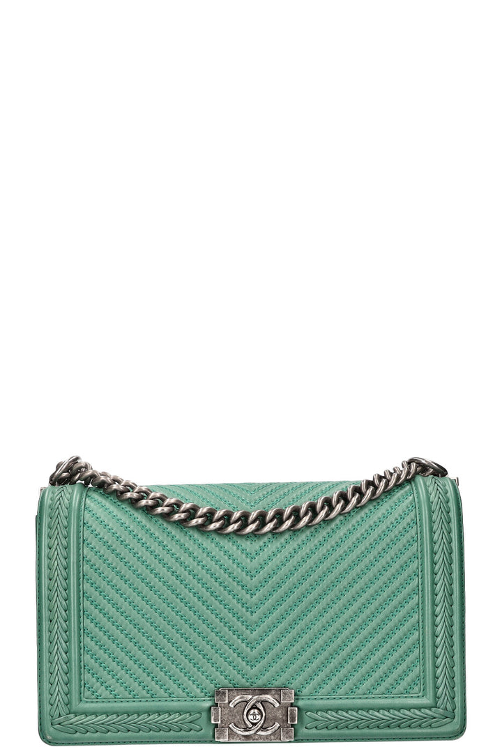 CHANEL Large Boy Bag Chevron Whipstitch Mint