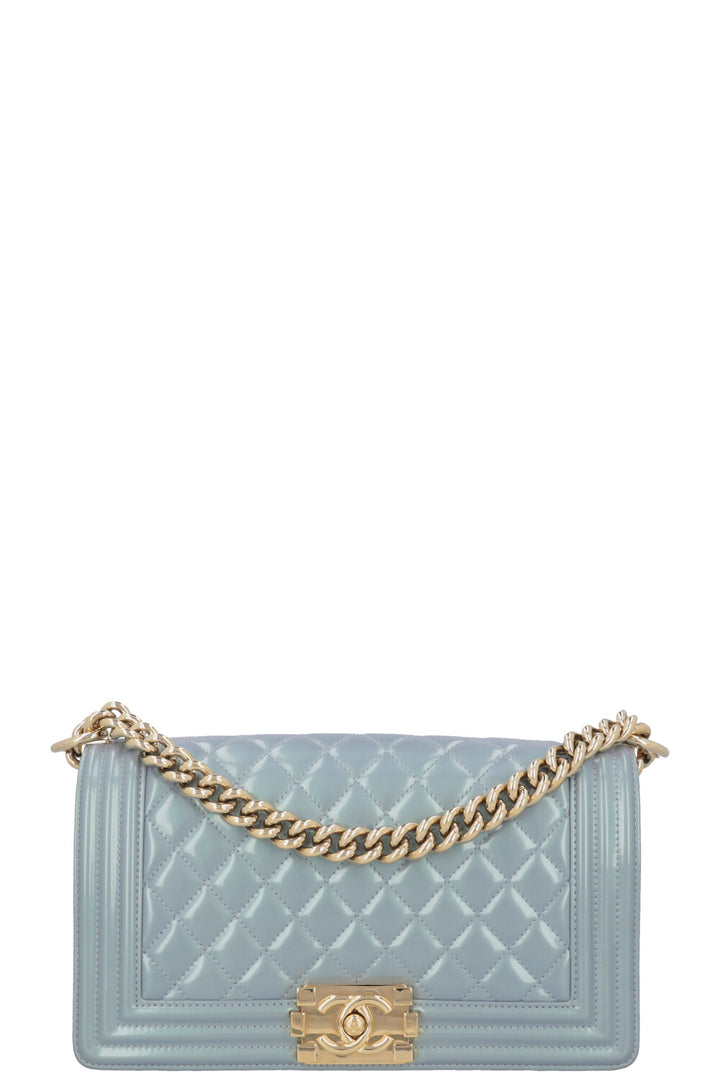 CHANEL Medium Boy Bag Iridescent Patent Blue