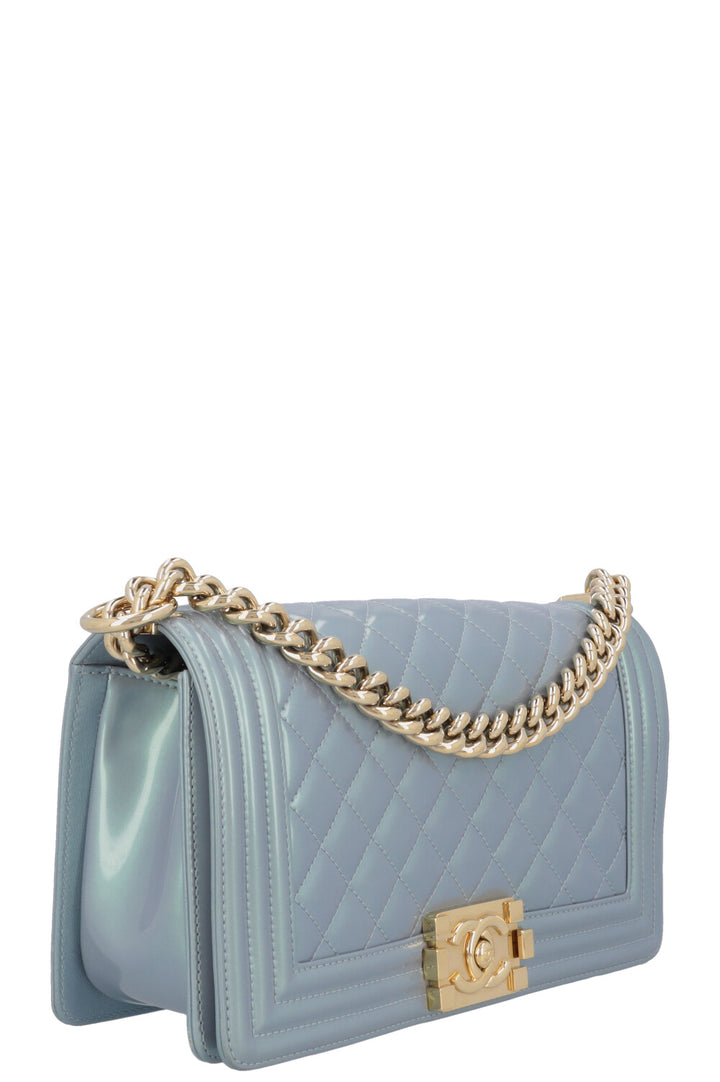 CHANEL Medium Boy Bag Iridescent Patent Blue