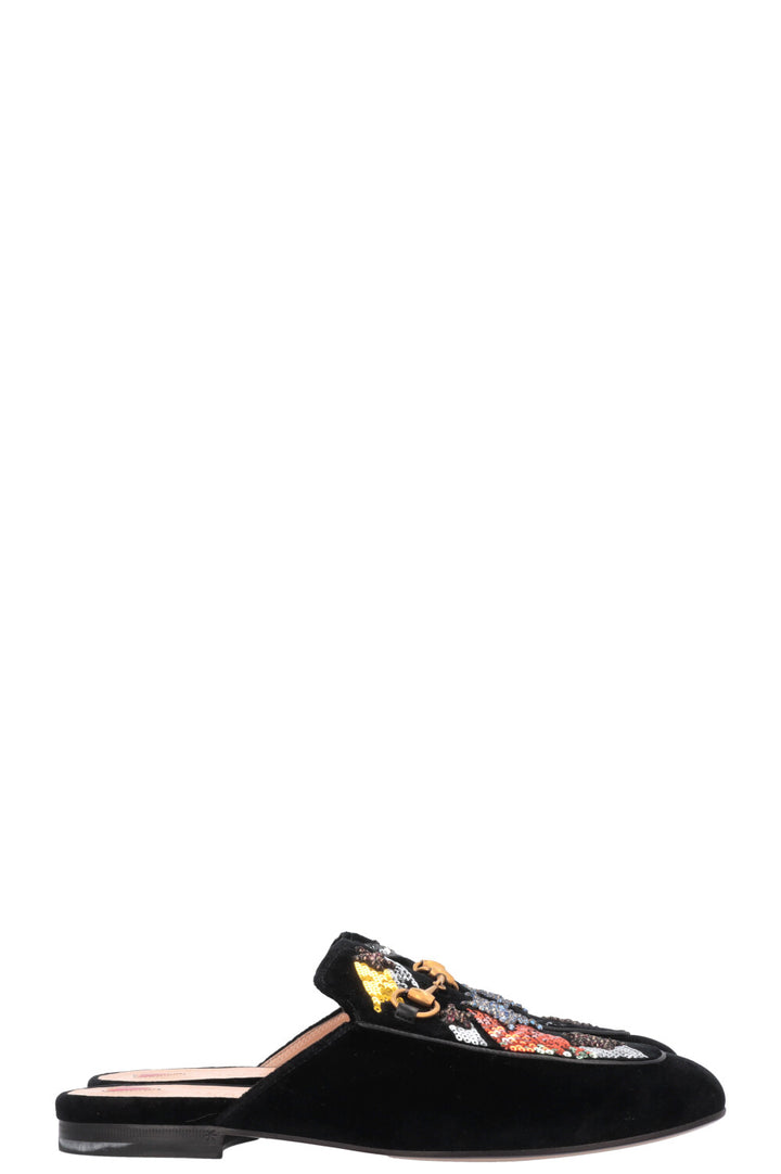 GUCCI Embroidered Shooting Star Princetown Mules Black Velvet