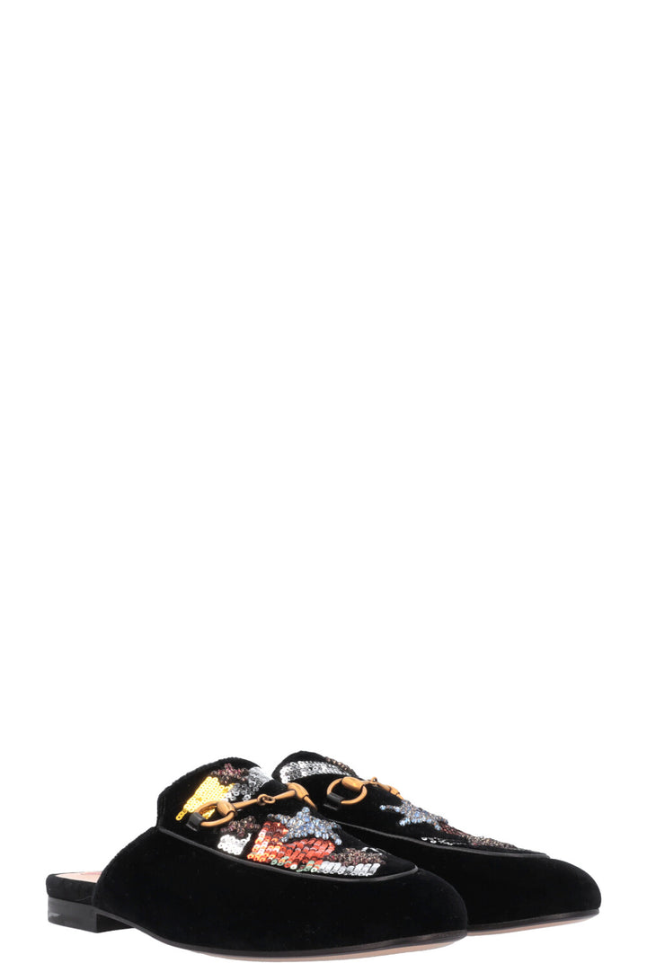 GUCCI Embroidered Shooting Star Princetown Mules Black Velvet