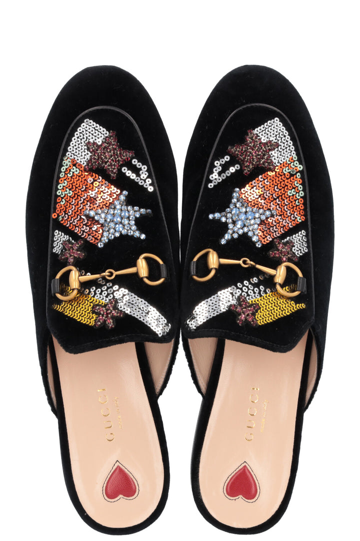 GUCCI Embroidered Shooting Star Princetown Mules Black Velvet