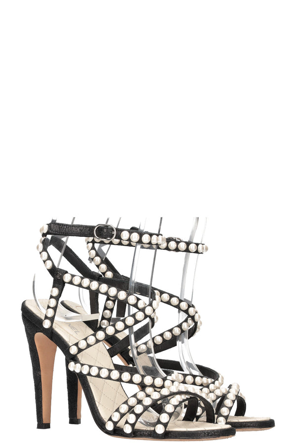 CHANEL Heels Leather Pearls Black