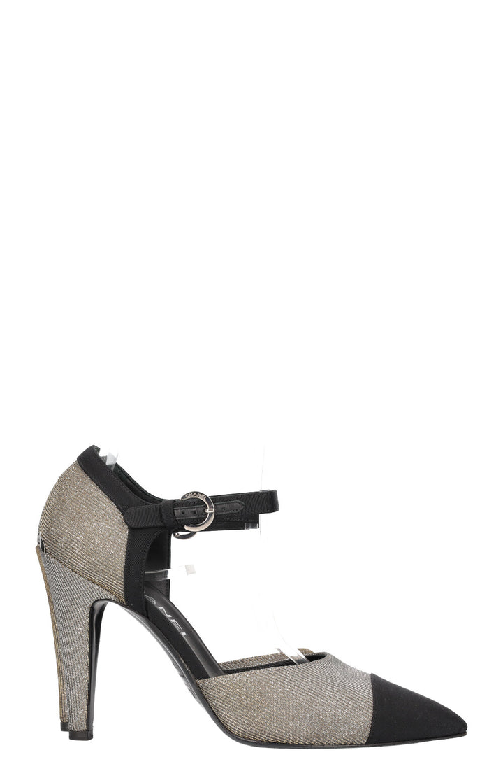 CHANEL Heels Glitter Grosgrain Black Silver