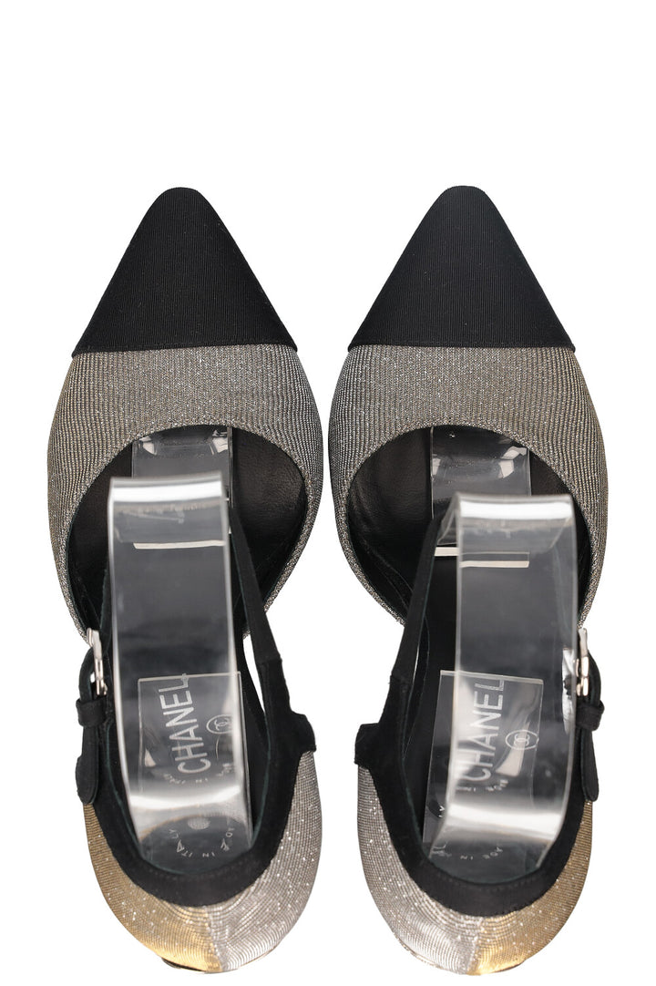 CHANEL Heels Glitter Grosgrain Black Silver