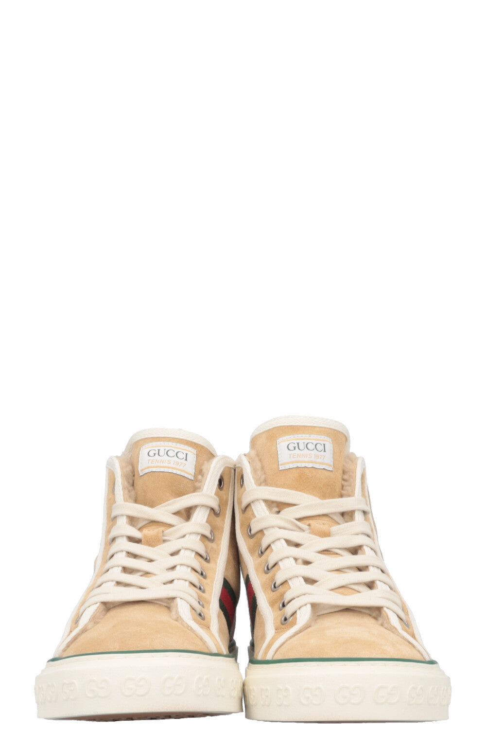 GUCCI 1977 Tennis High Top Sneaker Shearling Suede Beige