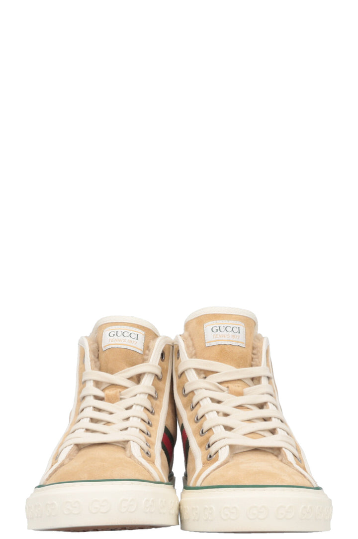 GUCCI 1977 Tennis High Top Sneaker Shearling Suede Beige