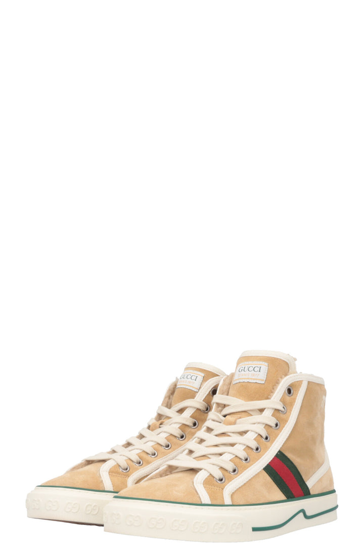 GUCCI 1977 Tennis High Top Sneaker Shearling Suede Beige