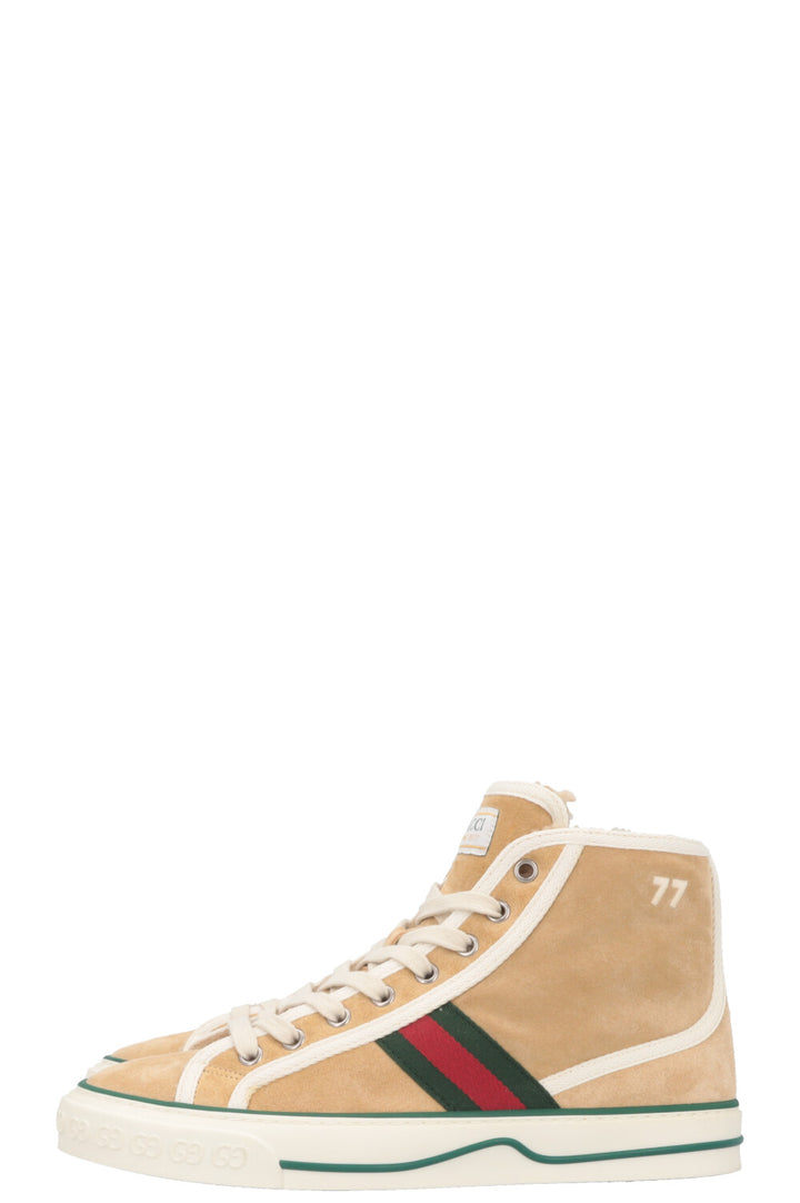 GUCCI 1977 Tennis High Top Sneaker Shearling Suede Beige