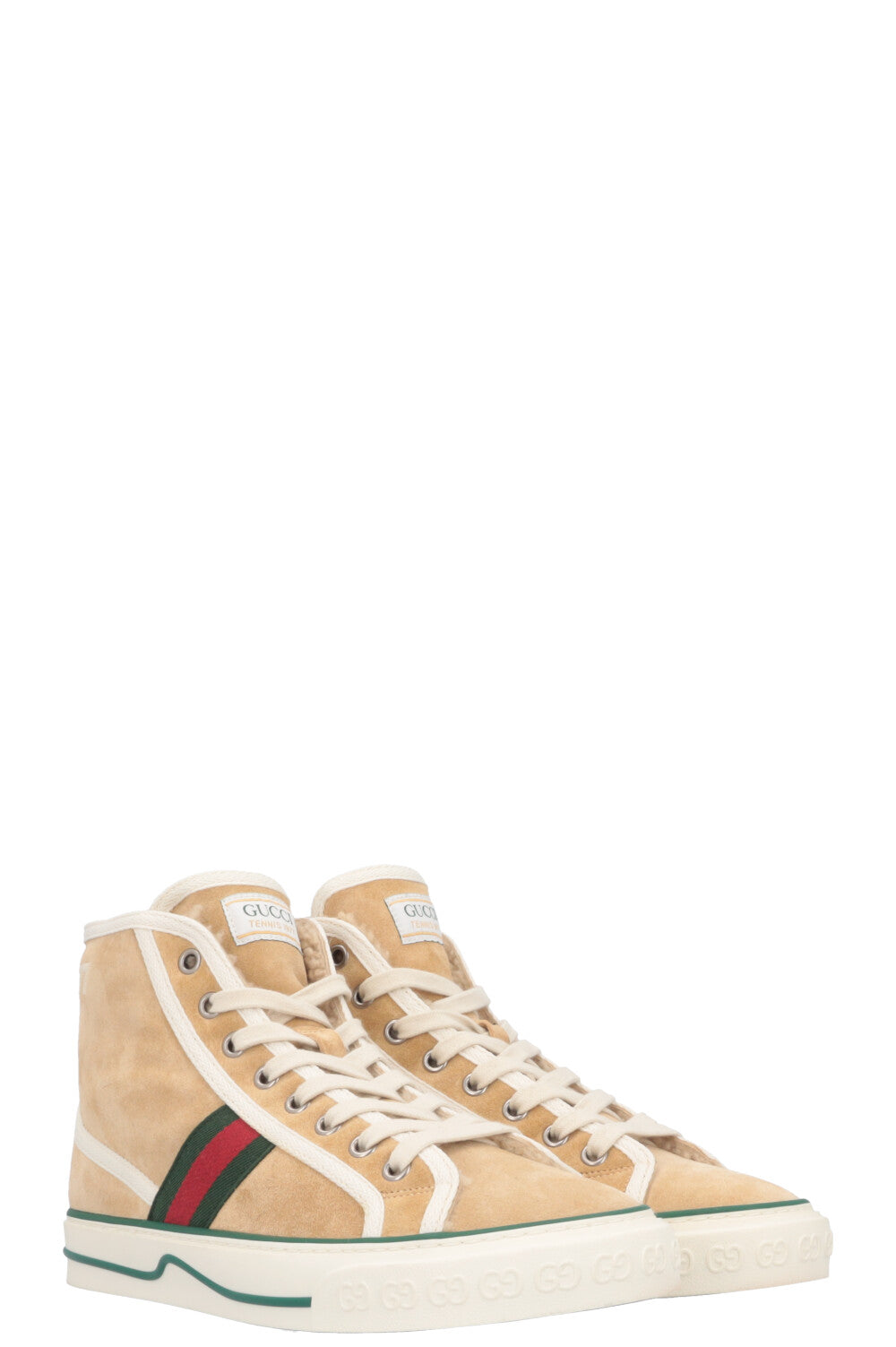 GUCCI 1977 Tennis High Top Sneaker Shearling Suede Beige