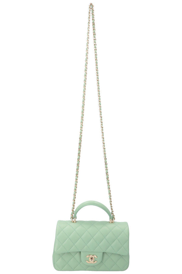 CHANEL Petit sac classique à rabat avec poignée supérieure Menthe