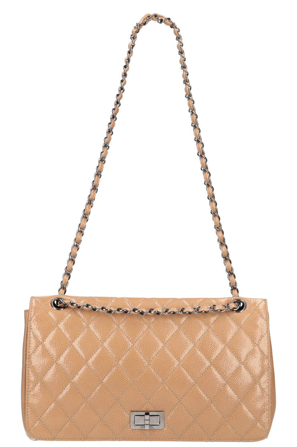 CHANEL 2.55 Single Flap Bag Patent Caviar Beige