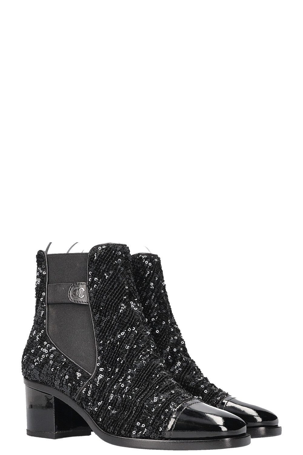 CHANEL 2019 CC Sequin Chelsea Boots Black