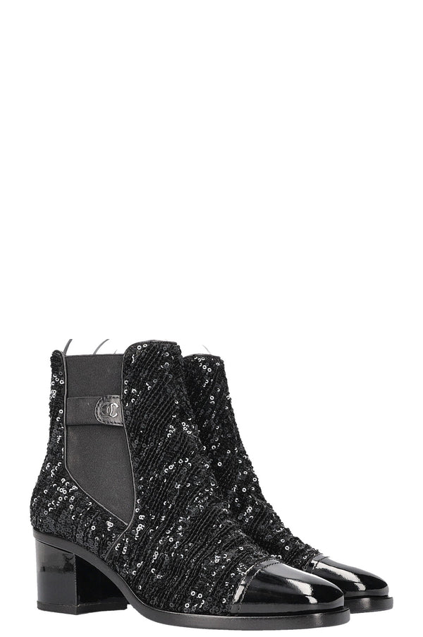 CHANEL 2019 CC Bottines Chelsea à paillettes Noir