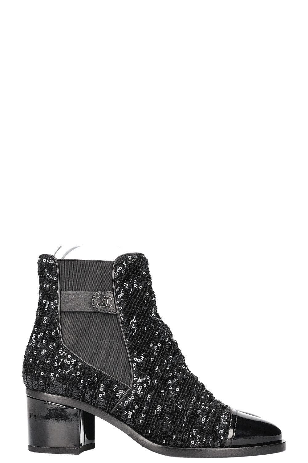 CHANEL 2019 CC Sequin Chelsea Boots Black