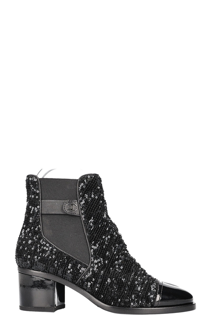 CHANEL 2019 CC Sequin Chelsea Boots Black