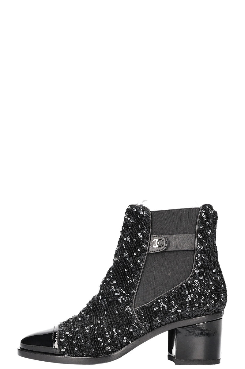 CHANEL 2019 CC Sequin Chelsea Boots Black