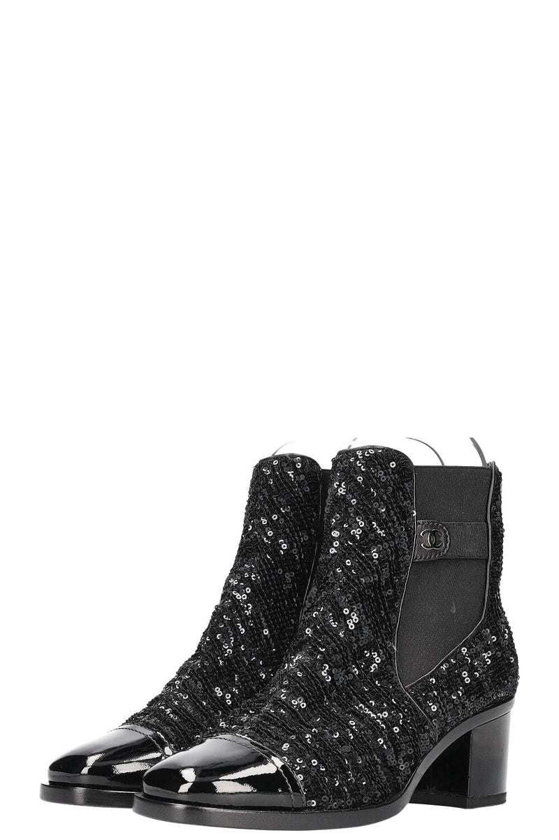 CHANEL 2019 CC Sequin Chelsea Boots Black