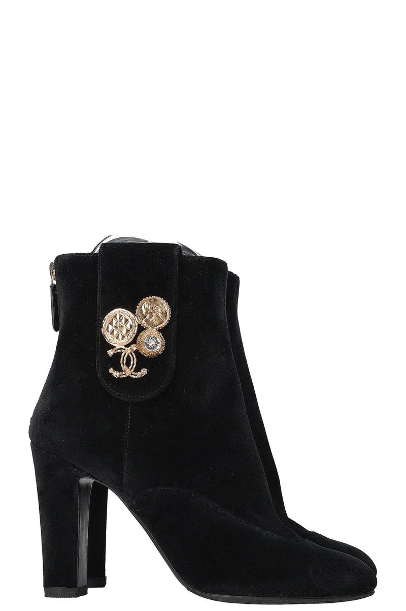 CHANEL Velvet Coin Ankle Boots Black