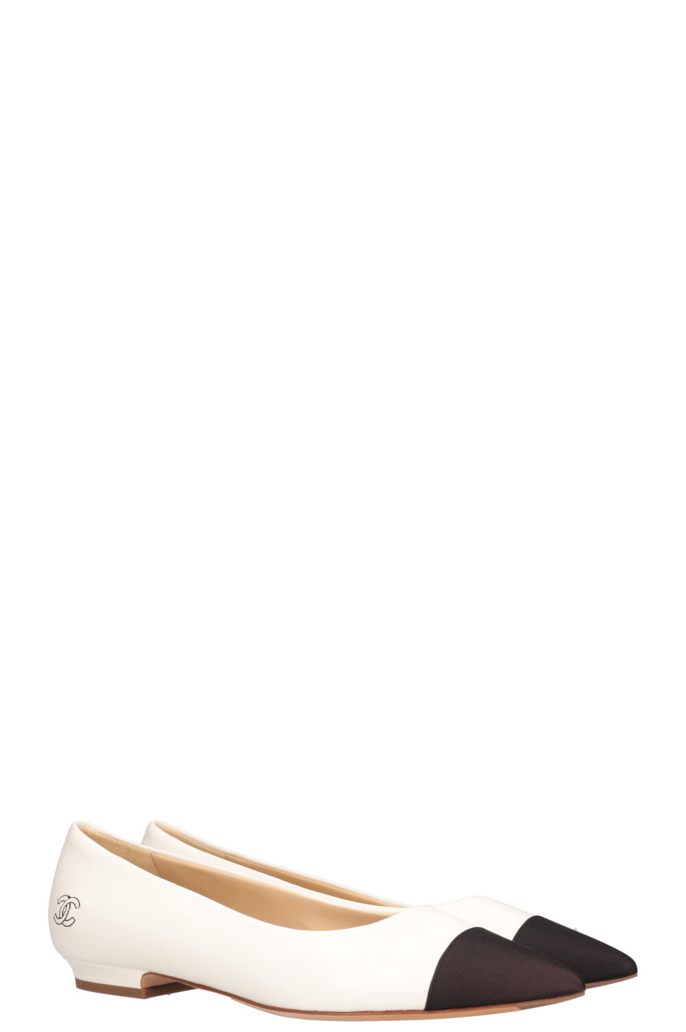 CHANEL Pointy Flats White with Grosgrain Cap Black