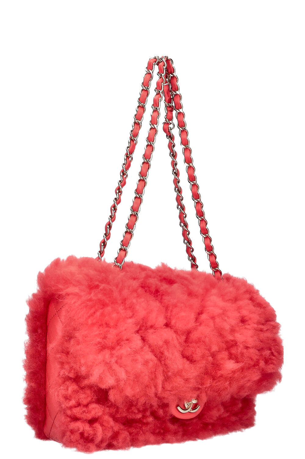 CHANEL 2019 Shearling Classic Single Flap Coral