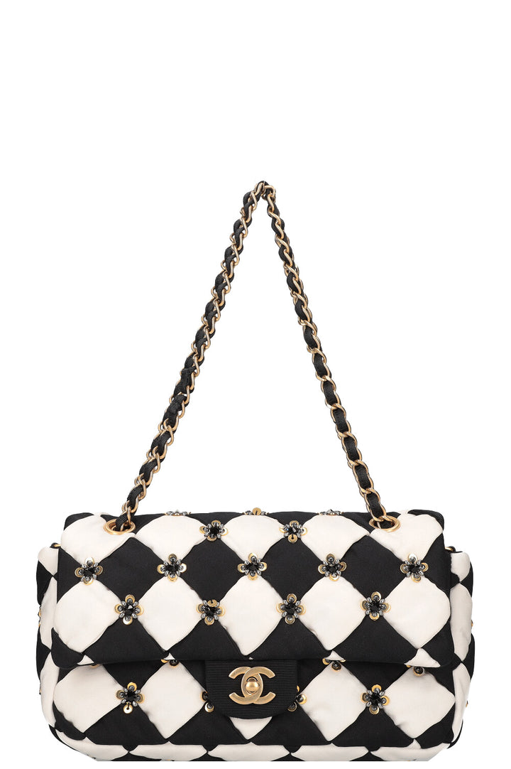 CHANEL Pre Fall 2021 Metier D'Art Checkerboard Embroidered Single Flap Satin