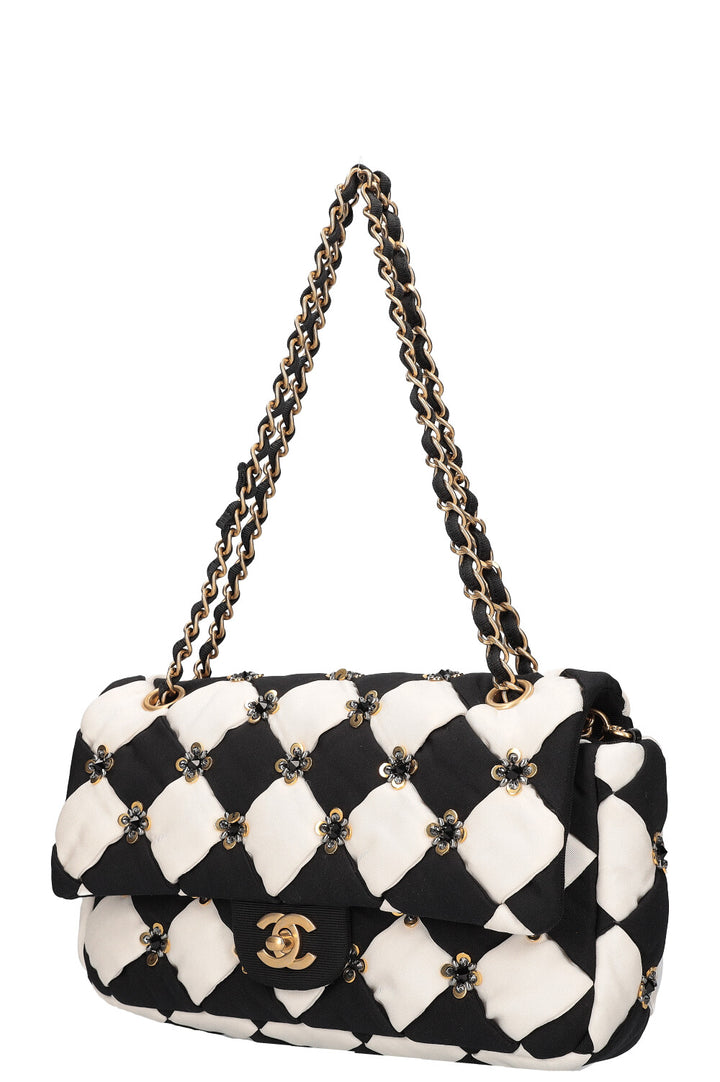 CHANEL Pre Fall 2021 Metier D'Art Checkerboard Embroidered Single Flap Satin