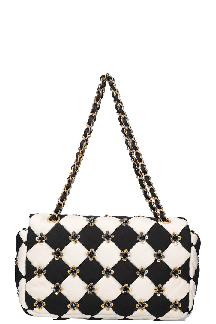 CHANEL Pre Fall 2021 Metier D'Art Checkerboard Embroidered Single Flap Satin