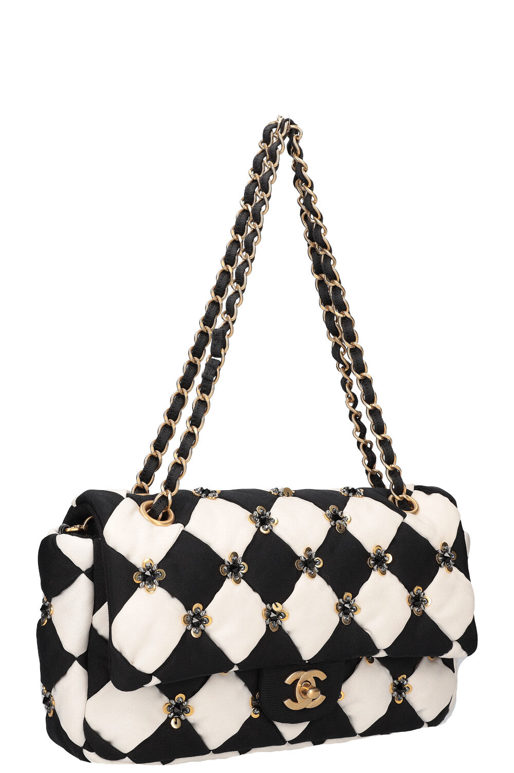 CHANEL Pre Fall 2021 Metier D'Art Checkerboard Embroidered Single Flap Satin