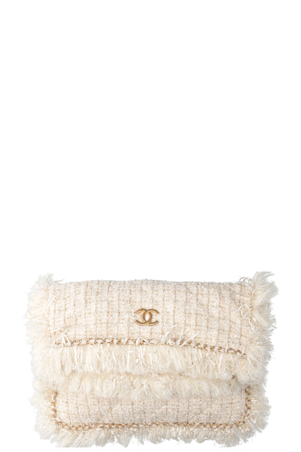 CHANEL Cosmopolite Chain Trim Tweed Clutch Off White