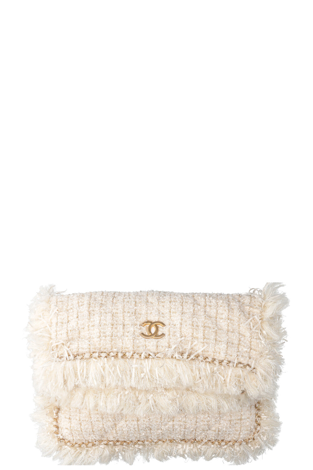 CHANEL Cosmopolite Chain Trim Tweed Clutch Off White