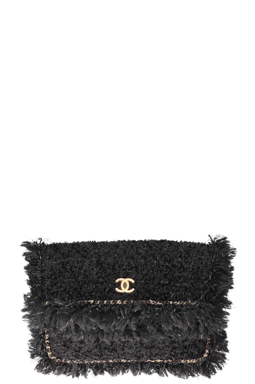 CHANEL Cosmopolite Chain Trim Tweed Clutch Black