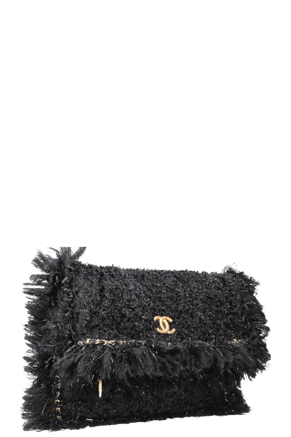 CHANEL Cosmopolite Chain Trim Tweed Clutch Black