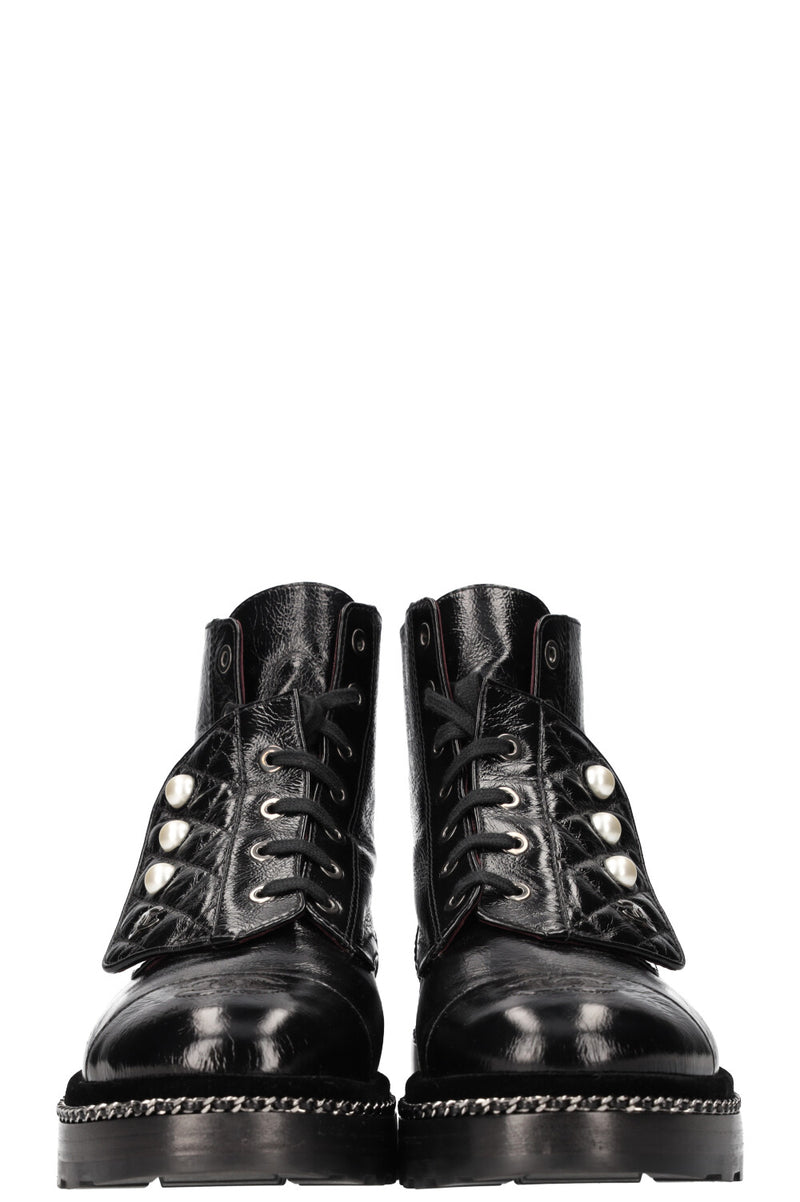CHANEL Combat Boots with Chain and Pearl Decor 17A