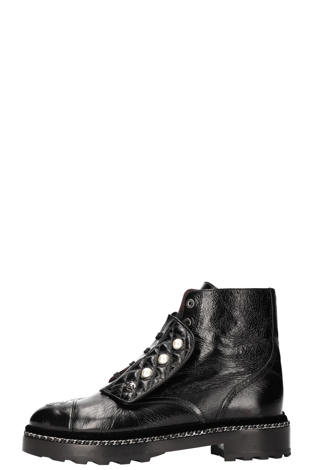 CHANEL Combat Boots with Chain and Pearl Decor 17A