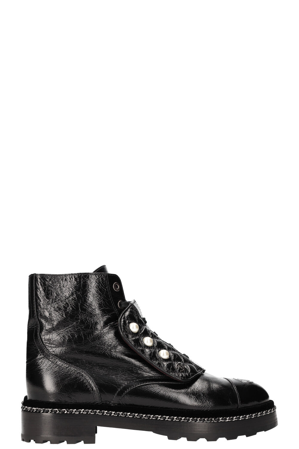 CHANEL Combat Boots with Chain and Pearl Decor 17A