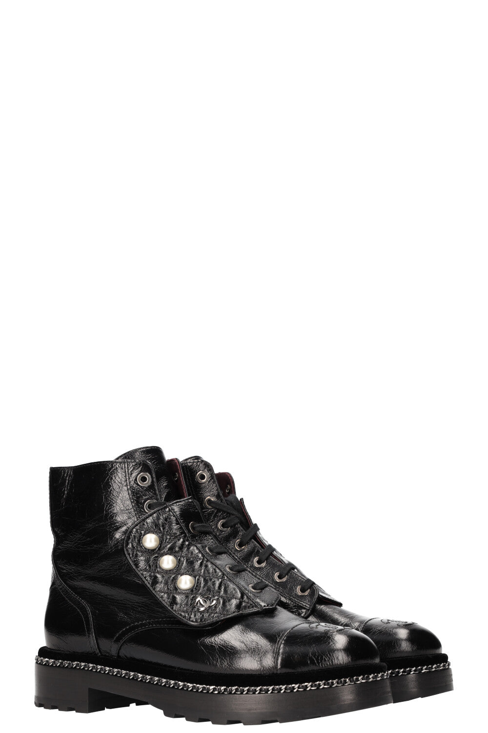 CHANEL Combat Boots with Chain and Pearl Decor 17A