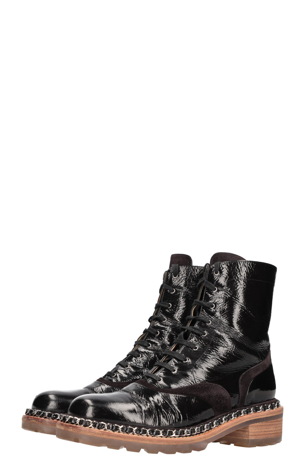 CHANEL Boots Chain Patent Leather Black