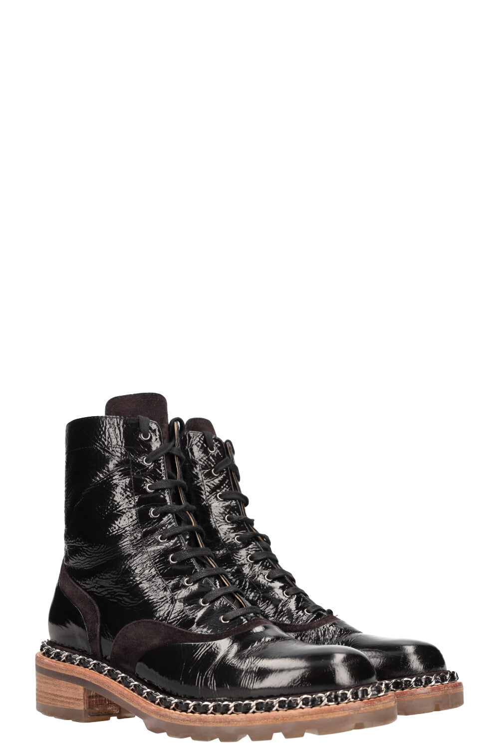 CHANEL Boots Chain Patent Leather Black