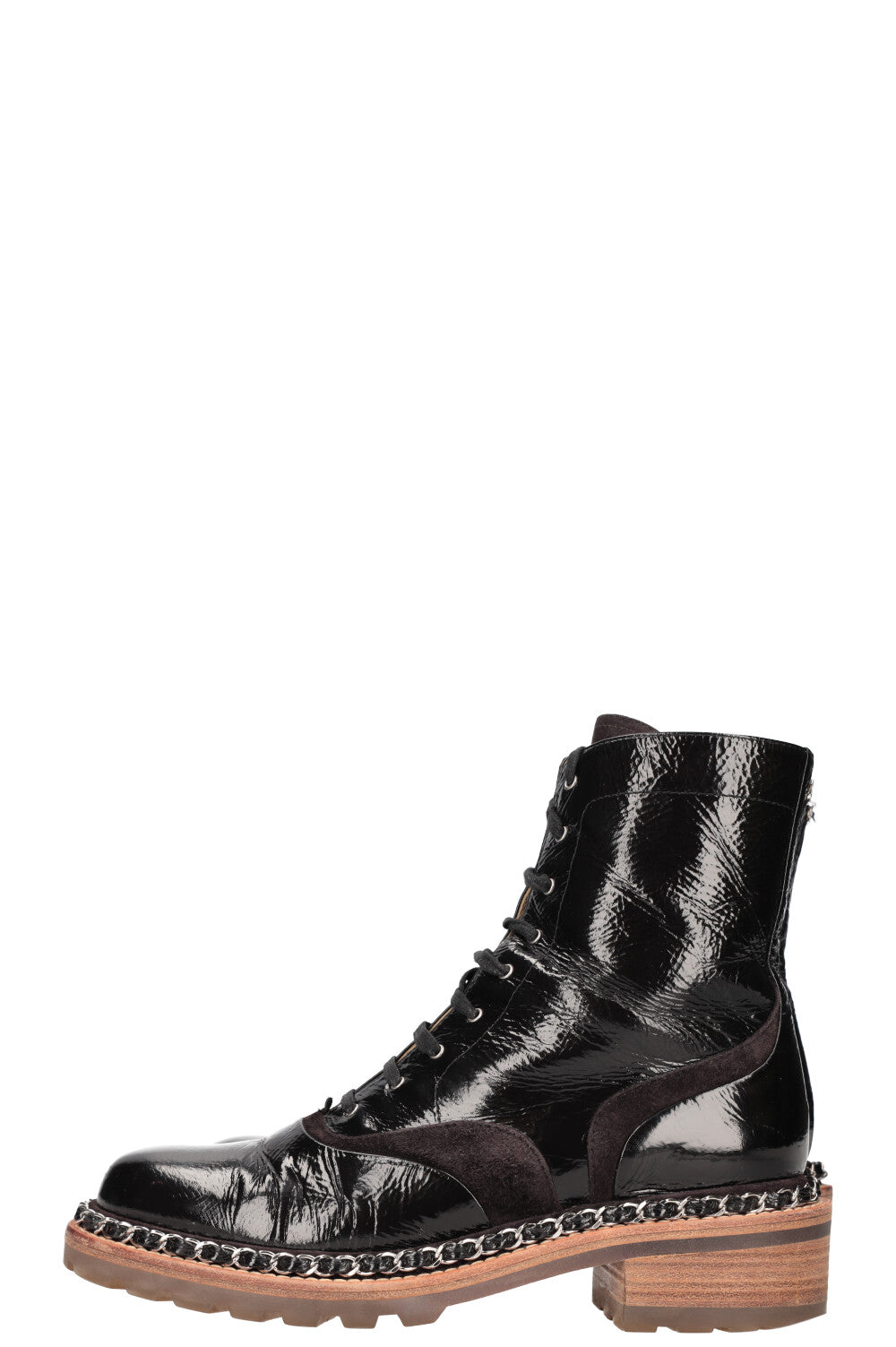 CHANEL Boots Chain Patent Leather Black