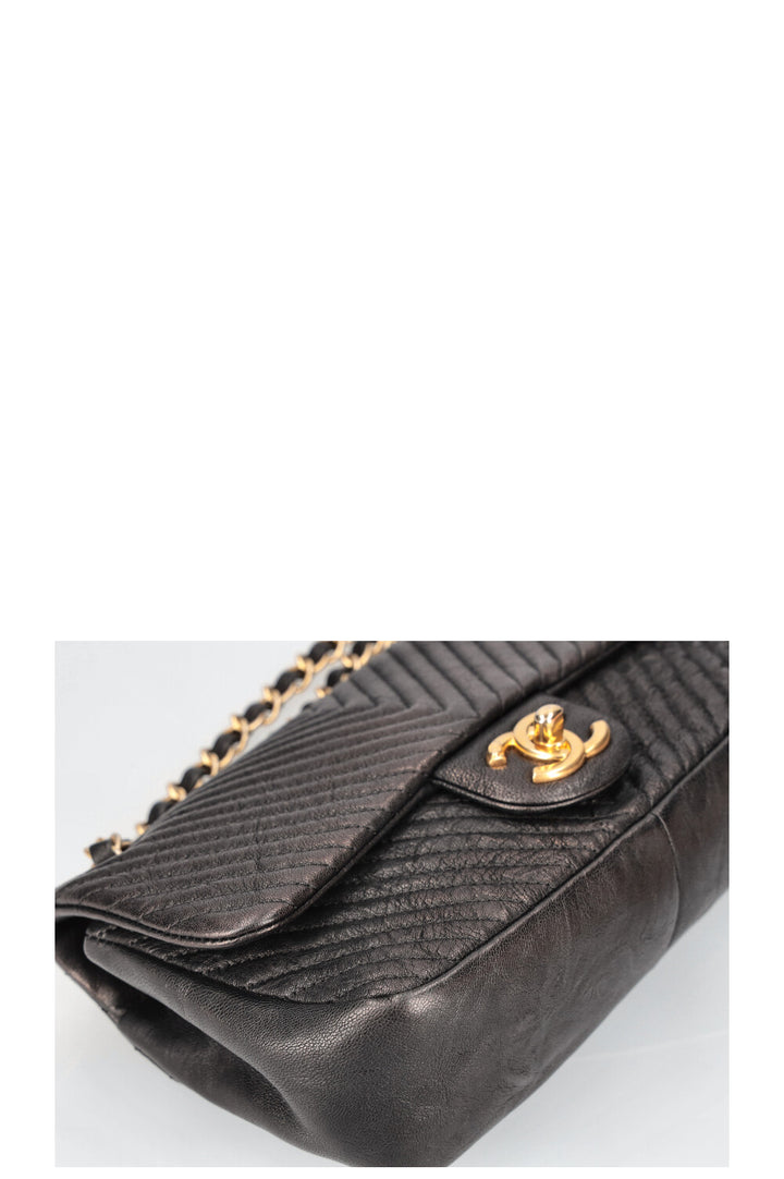 CHANEL Chevron Single Flap Quilted Goat Skin Black